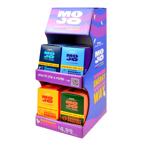 Display of Mojo energy pouches with colorful packaging on a white background