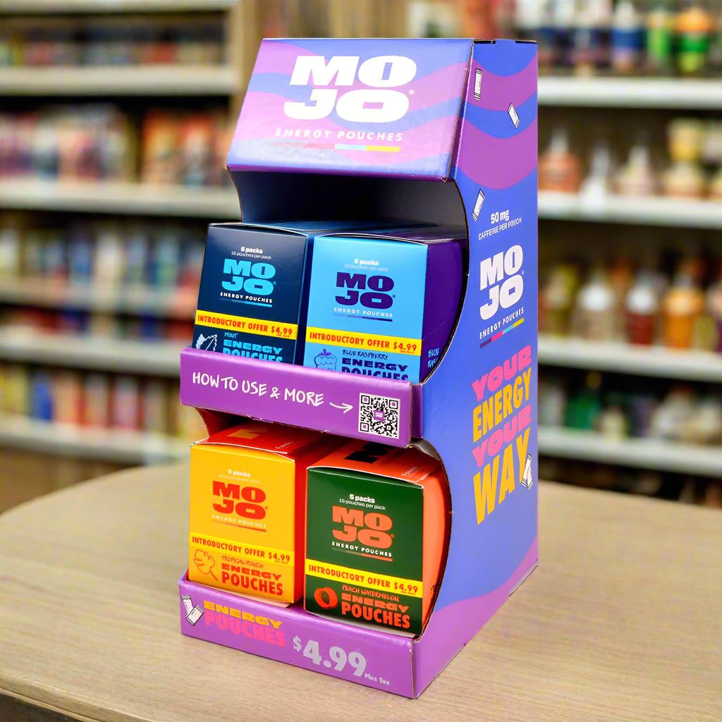 Display of Mojo energy pouches with colorful packaging on a white background